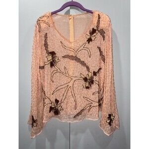 Handmade VTG Beaded Sheer Chiffon Blouse Peach Floral Whimsy Fairy 70s M